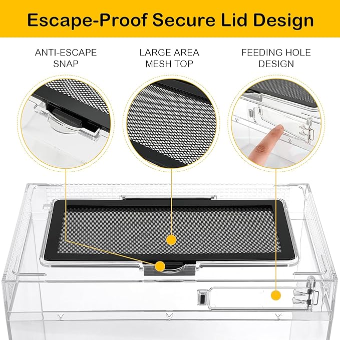 HELIME Reptile Polycarbonate Terrarium Kit 7 Piece Starter Habitat for Tarantula,Lizards,Frogs,Geckos,or Hermit Crabs,Tank with Escape-Proof Locking Lid,Light,Hygrometer,Hide,Tweezer,Bowl,Sprayer XL