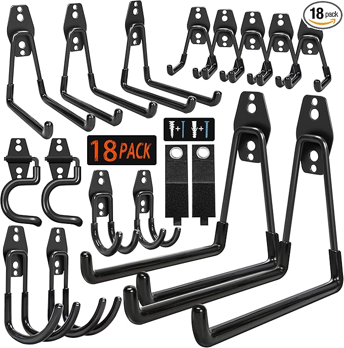18 Pack Garage Hooks Heavy Duty - Anti-Slip Coating， Garage Storage Hooks for Hanging Bike，Ladder，Garden Tools，Hose