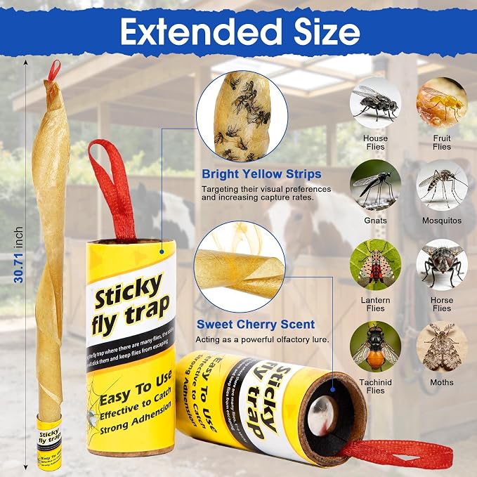 24 Pack Fruit Fly Traps for Indoors, Fly Traps Outdoor, gnat Traps for House Indoor, Fly Strips Tape Killer Catcher Paper Ribbon, Flying Insect Trap for Bug, Gnat, Insect, Mosquito