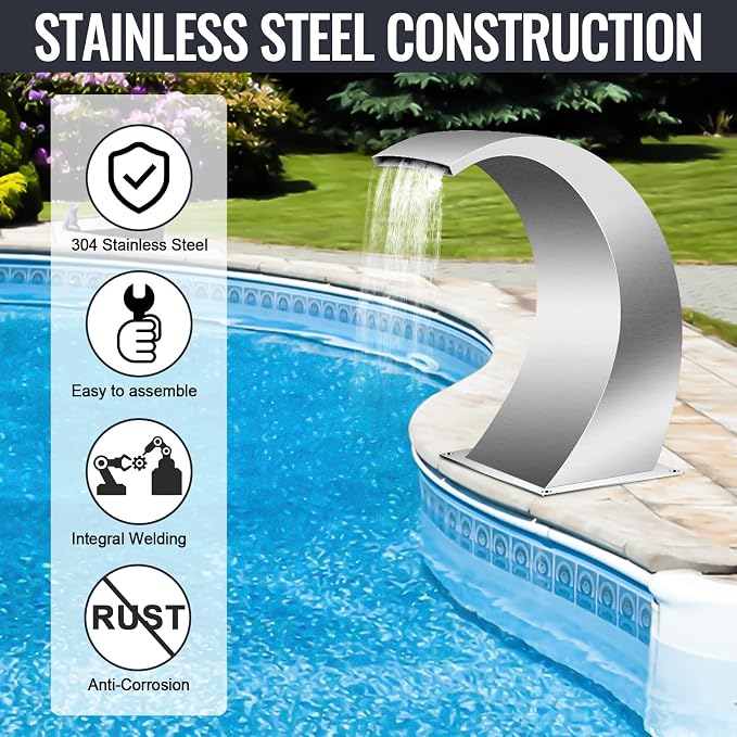 Pool Waterfall Fountains, Stainless Steel Rectangular Pool Waterfall Spillway with Pipe Connector for Indoor/Outdoor Decorative (7.9 Inch)