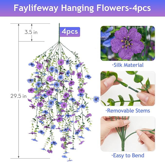 Artificial Hanging Flowers for Outdoors Spring Summer Decoration, 4PCS UV Resistant Silk Fake Hanging Plants for Patio Porch Front Yard Window Garden Indoor Decor(Blue&Purple,4PCS)