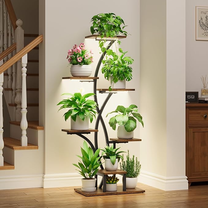 Plant Stand Indoor with Grow Lights - 47" Corner Plant Stands for Indoor Plants, 7 Tiered Plant Shelf for Multiple Plants, Metal Flower Display Holder, Flower-Shaped Plant Rack for Living Room, Patio