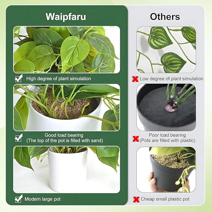 Waipfaru Artificial Plants Indoor, 1Pcs 34" Realistic Fake Pothos Hanging Plants Silk Vines Ivy Potted, Fake Pothos for Living Room Office Bedroom Bathroom Kitchen Shelves Indoor Home Decor