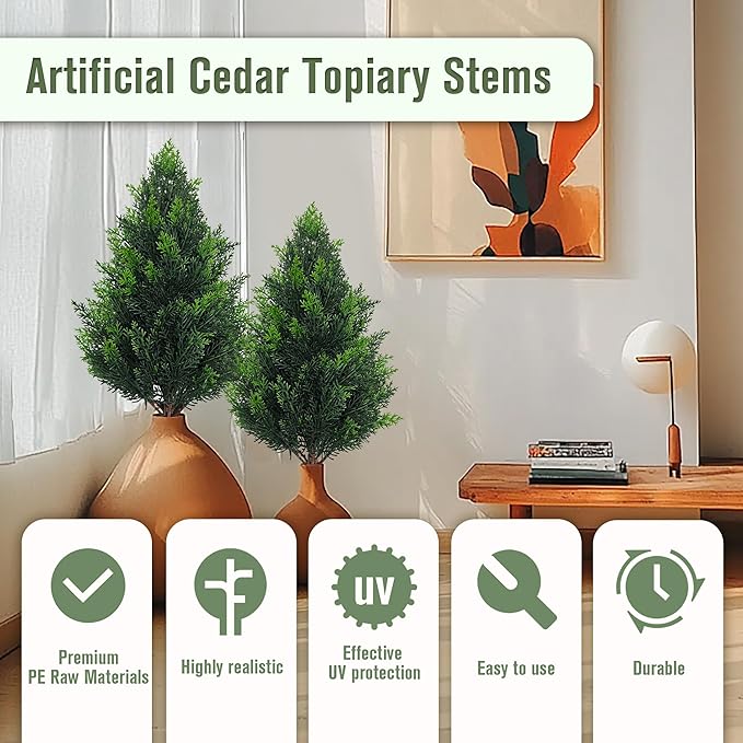 Artificial Cedar Topiary Plants: 20 Inch (4P) UV Resistant Faux Pine Stems Shrubs Plastic Greenery for Outdoor Indoor Home Decor, Garden, Front Porch, Office, Restaurant & Holiday Party