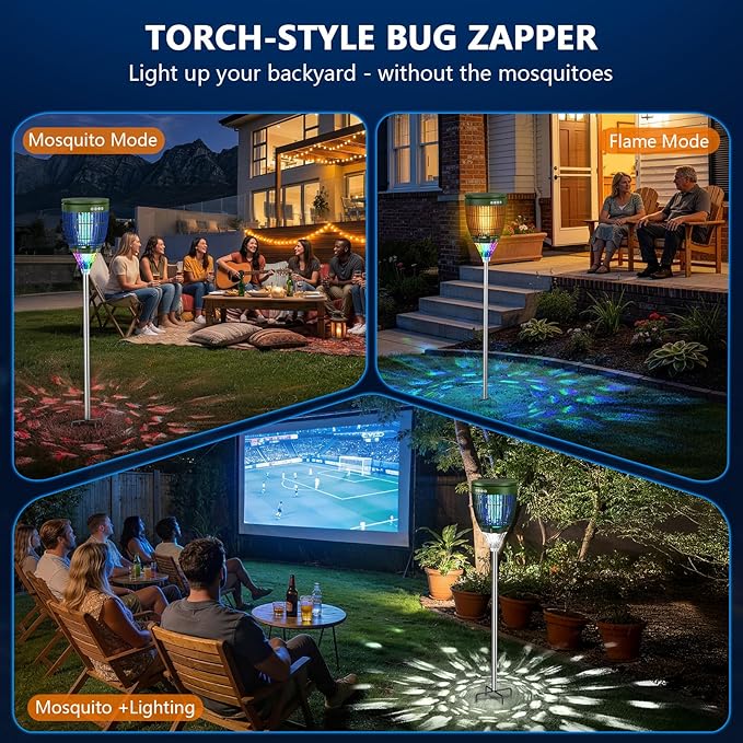 Solar Bug Zapper Outdoor, Jinyeda 4200V Mosquito Zapper with RGB Projector & Flame Lights, Cordless Mosquito Killer, USB Rechargeable Fly Insect Trap Waterproof Lighting Decor for Patio, Garden, Yard