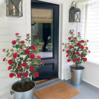 3.6FT Artificial Camellia Fake Tree, Artificial Plants & Flowers with 32 Red Flowers for Door Front Decoration Porch Patio Living Room Office Indoor Outdoor Decor (2PCS Contains Faux Moss)