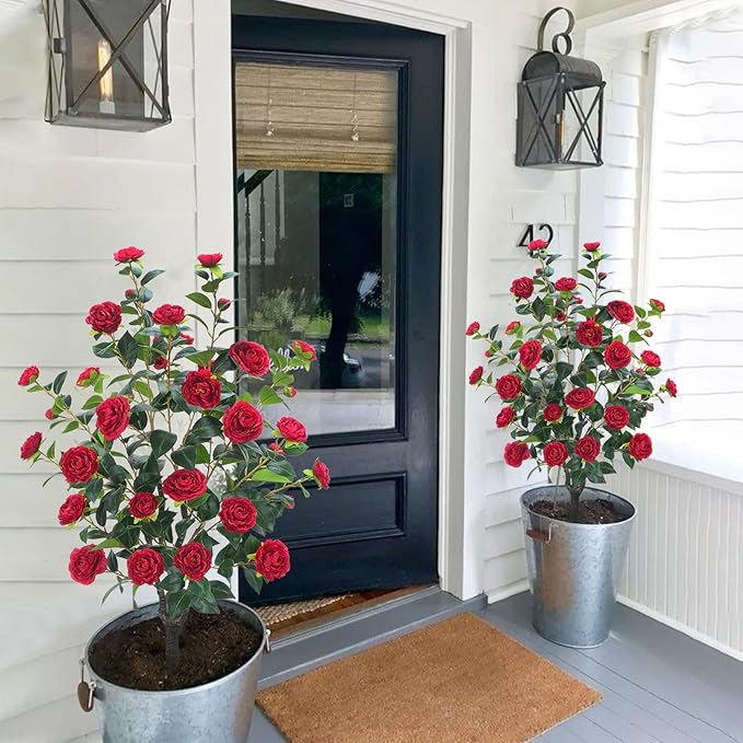 3.6FT Artificial Camellia Fake Tree, Artificial Plants & Flowers with 32 Red Flowers for Door Front Decoration Porch Patio Living Room Office Indoor Outdoor Decor (2PCS Contains Faux Moss)