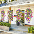 4PCS Artificial Hanging Flowers for Outdoors Summer Decoration, Fake Hanging Plants Faux Petunias with Eucalyptus, UV Resistant No Fade Plastic Realistic Silk Flowers for Porch Patio Balcony Indoor