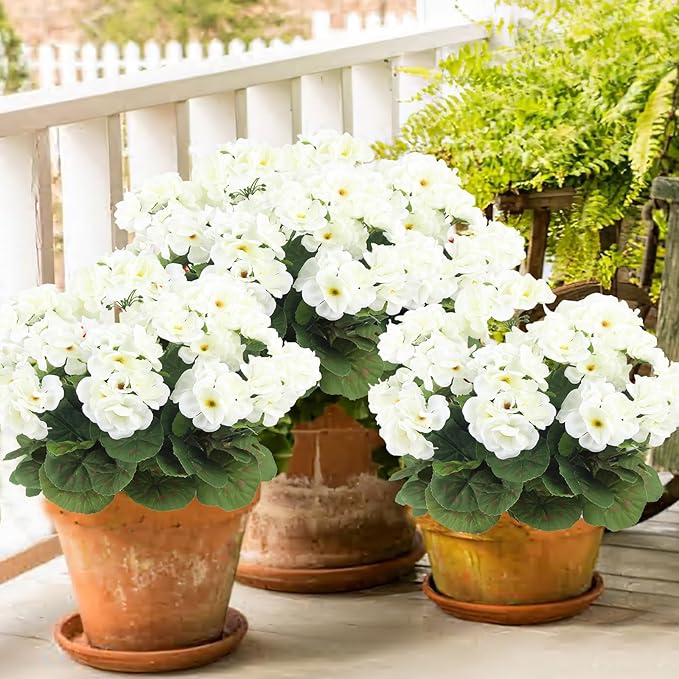 CITYES 3 Pcs Artificial Geraniums Flowers Silk Geraniums for Outdoors UV Resistant White Artificial Geranium Bush Faux Flowers Plant for Planter Garden Home Decor Indoor Patio Vase Table Centerpiece