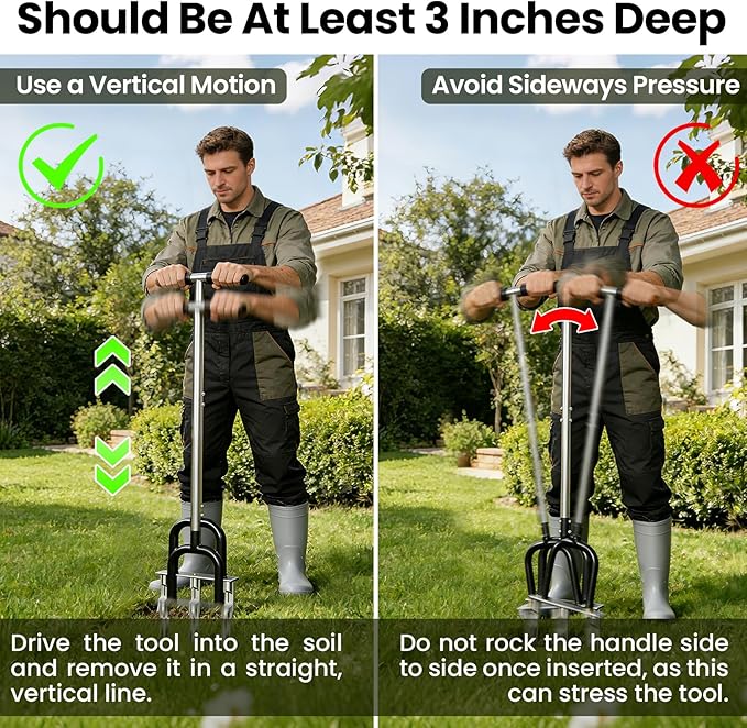 Lawn Aerator, Stainless Steel Lawn Aerator Tool with 3 Hollow Tines, Yard Grass Soil Core Aerator, Manual Lawn Plug Aerators, Core Aeration Tool for Lawn Garden Compacted Soil (Black)