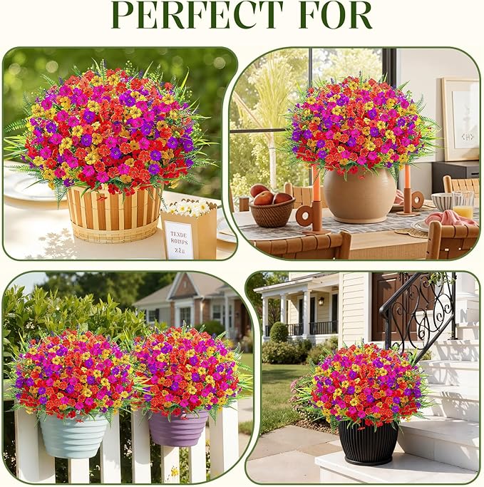 Alupssuc 24 Bundles Artificial Flowers for Outdoors Spring Decoration, UV Resistant Faux Eucalyptus Violet and Lavender Silk Fake Plants for Outside Indoor Decor, Red Rose Purple Yellow Orange