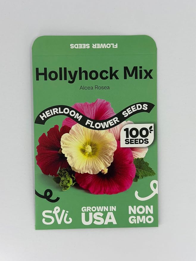 SVI 100 Mix Hollyhock Seeds (Alcea rosea) - Mallow, Common Hollyhock Seed Packets, Attracts Hummingbirds - Heirloom Flower Seeds for Outside & Inside, Meadows, Fences, Beds