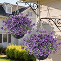GLIDLION Artificial Flower & Eucalyptus with Hanging Basket - 2PCS Faux UV Sun Resistant Morning Glory in Planter, Fake Colorful Silk Flowers for Spring Summer Porch Patio Balcony Yard Decor (Purple)