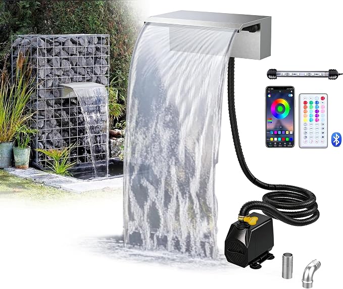 Stainless Steel Waterfall Spillway, APP Control Multi-Color LED Light Outdoor Pool Fountain, Water Spillway Koi Pond Waterfalls Fountains Kit for Garden Patio Swimming Pool Decoration-11.8"