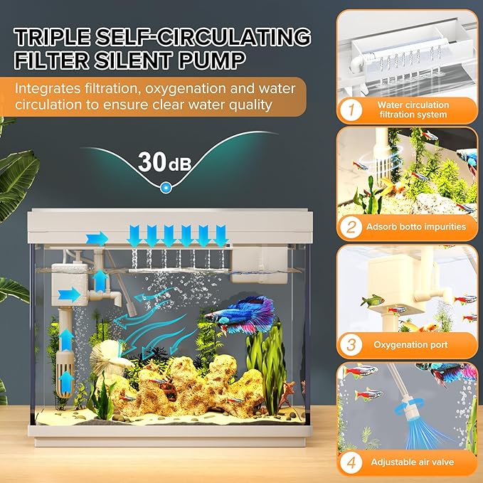 Vehipa Aquarium, 2.4 Gallon Betta Fish Tank with Heater, Humidifier 3 in 1 Pump - Filteration & Oxygenation & Circulation, Temperature Display, HD Glass, Timed 7-Color Lights