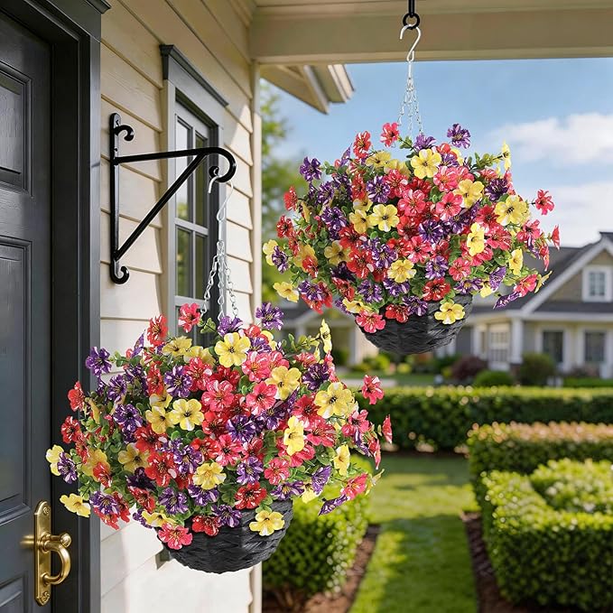 Artificial Flower & Eucalyptus with Hanging Basket - 2PCS Faux UV Sun Resistant Morning Glory in Planter, Fake Colorful Silk Flowers for Spring Summer Porch Patio Balcony Yard Decor (Mixed Color)