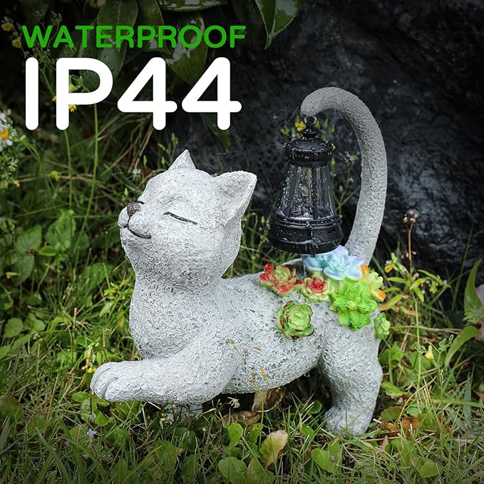 WENYLE Solar Garden Outdoor Statues,Cat Garden Statue with Succulent Solar Lantern, Cat Lover Gifts for Women