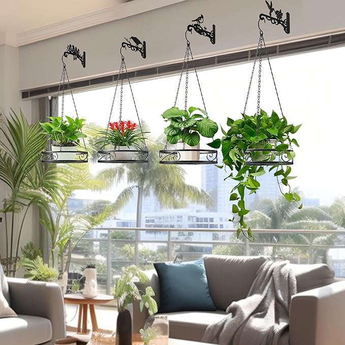 4-Pack Aesthetic Wall Plant Hanger Indoor and Outdoor – 10 Inch Metal Hanging Plant Bracket with Beautiful Bird Pattern – Heavy Duty Plant Hooks for Hanging Plants, Bird Feeder, Wind Chime, Lantern