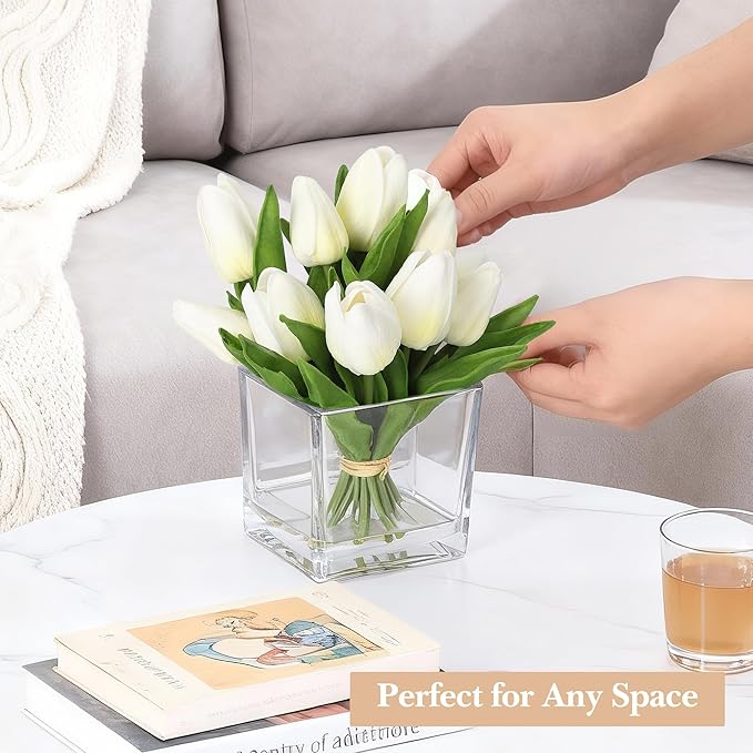 GarveeLife 12 Pcs Artificial Tulips Flowers, Real Touch Faux Tulip Stems for Vase, Home Kitchen Wedding Dining Table Decorations, Ideal Gift for Mother's Day, Easter, Valentine's Day (White)