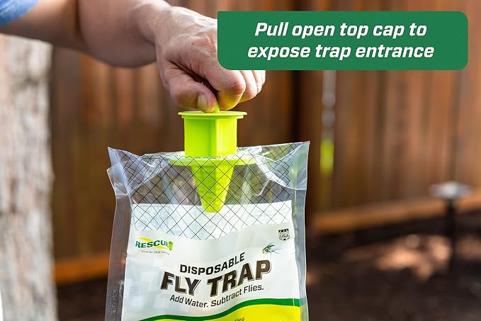 Rescue! Outdoor Disposable Fly Trap – Hanging Fly Catcher with Attractant Bait, Fly Bag for Patio, Yard, Trash & Farm Areas – Easy-to-Use Outdoor Fly Control - 6 Traps