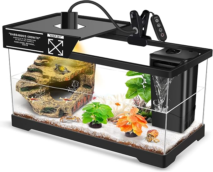 GOZILLA Turtle Tank Kit(Tank+Lamp+Filter), Upgrade PC Turtle Tank Starter Kit with Adjustable Lamp & Filter, Reptile Hideout Habitat with Lid for Small Reptiles.(19.68× 9.52× 9.44''/Large-Black-Kit)