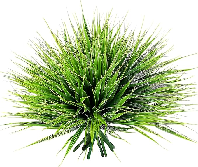 Yimingjin 12 Bundles Artificial Grass Fake Plants，Outdoor Fake Grass for Pot UV Resistant Patio Garden Porch Home Window Hanging Planter Decor Faux Plastic Shrubs(Green)