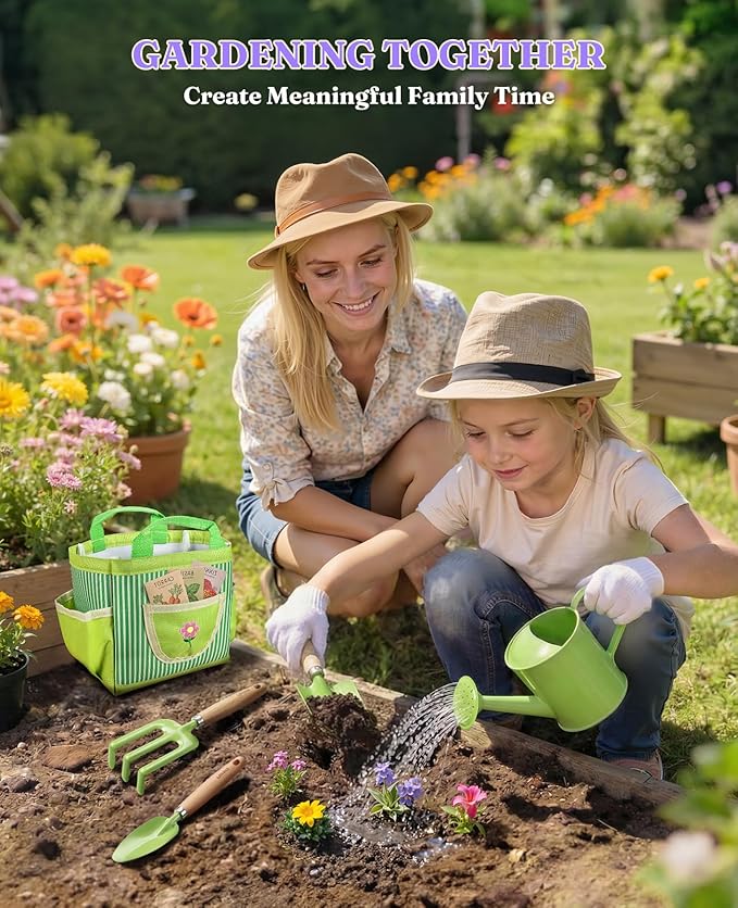 8Pcs Kids Gardening Set with Metal Basket & Real Metal Tools, STEM Outdoor Kit, Ergonomic Wooden Handles, 3 Shovels, Rake, Watering Can, Gloves, Tote Bag, Gift for Toddler Boys Girls, Green