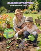 8Pcs Kids Gardening Set with Metal Basket & Real Metal Tools, STEM Outdoor Kit, Ergonomic Wooden Handles, 3 Shovels, Rake, Watering Can, Gloves, Tote Bag, Gift for Toddler Boys Girls, Green