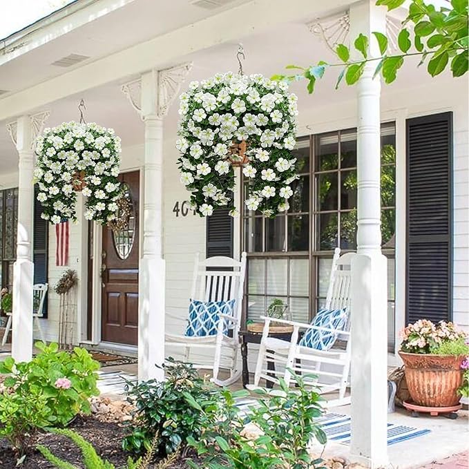 Artificial Geranium Hanging Flowers for Outdoor Decoration, 2 Bundles UV Resistant Silk Geranium Fake Plants Faux Flowers for Front Porch Garden Patio Window Box Outside Indoor Decor (White)