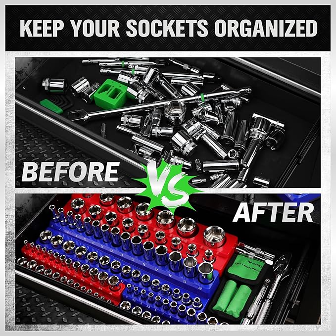 Magnetic Socket Organizer Set, 6PCS Socket Holder, 1/4", 3/8", 1/2" Sockets Holds 143 Pieces Magnetic Sockets Trays (Blue&red, 6 Pcs)