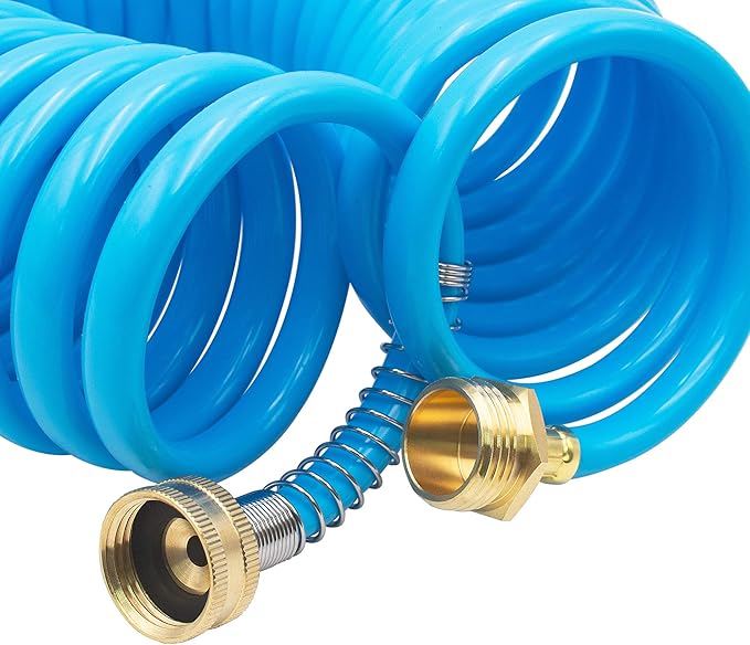 AUTOMAN EVA Recoil Garden Hose 25ft - Includes 7 Pattern Spray Nozzle,Curly Water Hose 25 Foot,Watering Hose Coil,Retractable,Corrosion Resistant Garden Coil Hose.Blue