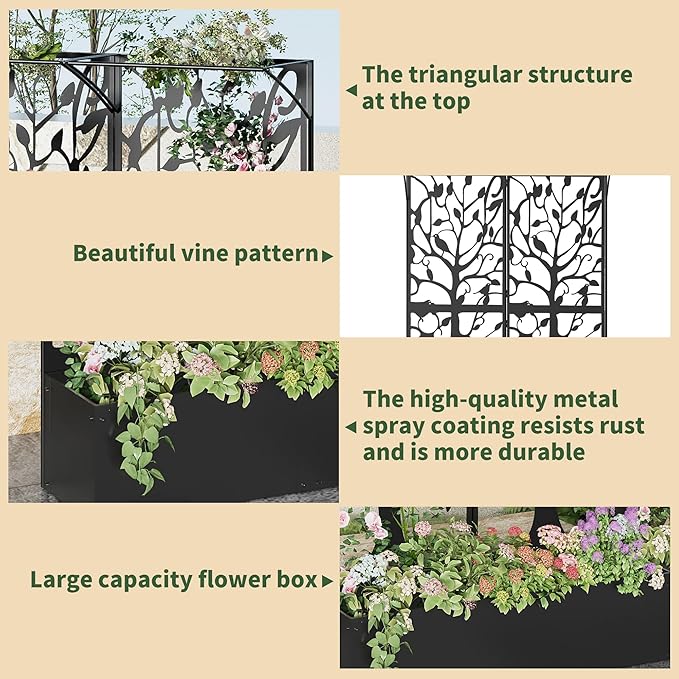 Metal Planter Box with Trellis, Tall Raised Garden Bed for Patio, Outdoor Privacy Planters for Climbing Plants, Vegetables, Fruits, Balcony, Outside, 62.4 x 12.2 x 44.6 Inch, Black