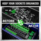 Magnetic Socket Organizer Holder Tool: 8PCS Set includes 2PCS 1/4", 4PCS 3/8", 2PCS 1/2" Drive Socket Storage Trays Toolboxs, Holding 199 Slots Soft Rubber Covering Black Green (sockets not included)