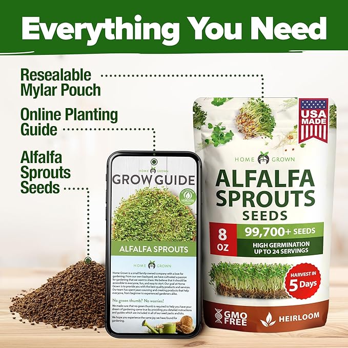 HOME GROWN Alfalfa Sprout Seeds 8 oz Bulk Heirloom Non-GMO, USA Sourced, High Germination, Fast Growing Microgreens, Nutrient Dense Sprouting Seeds for Sandwiches & Salads, Indoor Garden