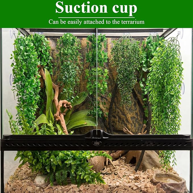 Suncalla Reptile Plants Terrarium Hanging Plants Vines Boston Climbing Terrarium Plant with Suction Cup for Bearded Dragons Lizards Crested Gecko Snake Crab Tank(Petite Leaf Series,Multiple Green)