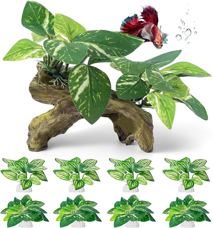 CousDUoBe 9 Pcs Fish Tank Decor，Silk Aquarium Plants Green Silk Leaf pad Hammock Artifical Driftwood cave Betta Fish Tank Accessories 6 x 3 x 4 inches(LxWxH)