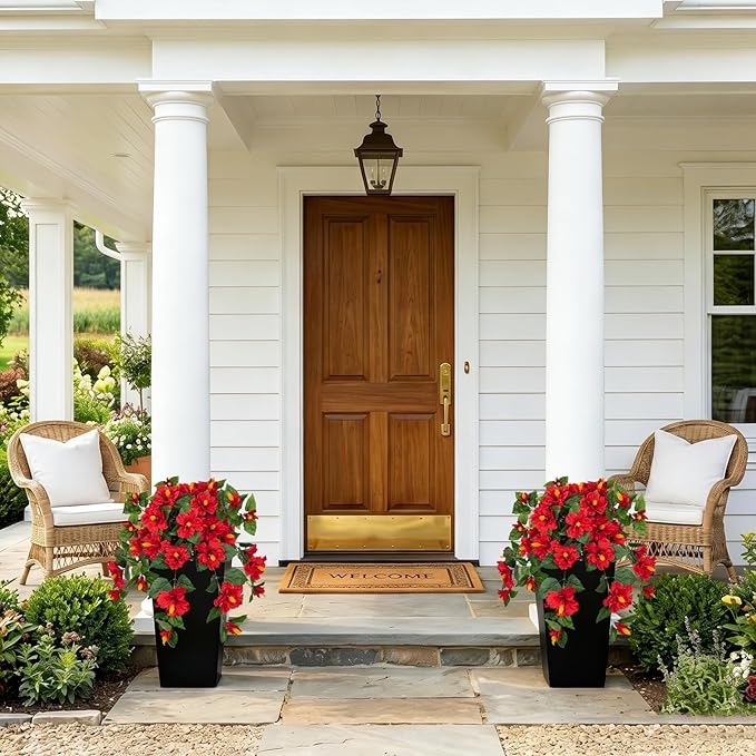 Briful 27.5" Artificial Hibiscus Plant in Tall Black Planter, Large Faux Tropical Flower Arrangement for Front Door Porch Patio Balcony Outdoor Indoor Decoration, UV Resistant Fake Red Hibiscus Tree