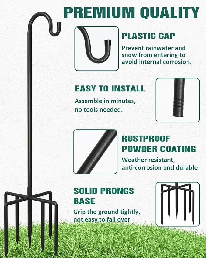 Breeze Touch 1Pack 76 Inch Adjustable Shepherd Hooks for Outdoor Outside, Heavy Duty with 7 Prongs Base, for Hanging Lantern, Hummingbird Feeder, Lightweight Plant, Wind Chime, Bird Feeder Hanger