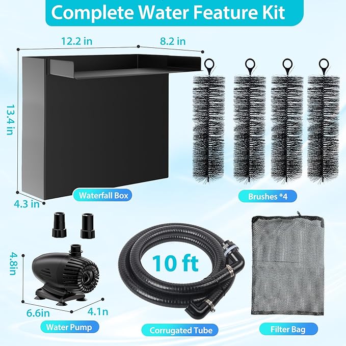 POPOSOAP 70W Solar Pond Waterfall Spillway Kit, 304 Stainless Steel Pondless Waterfall Box with 10FT Corrugated Tubing, 4 Pcs Filter Brushes, 580GPH Solar Powered Water Pump for Garden Ponds