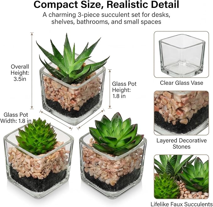 Briful Set of 3 Succulents Plants Artificial in Glass Pots Small Fake Succulents Plants Faux Plants Indoor for Home Office Table Desk Shelf Room Decor