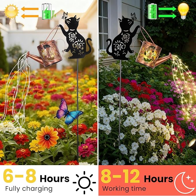 LOVERUIS Cat Solar Watering Can Lights,Outdoor Hanging Solar Lights Lantern,Gifts for Mom Women Birthday Mother's Day,Garden Waterproof Garden Decor Outside Patio Yard Pathway Backyard
