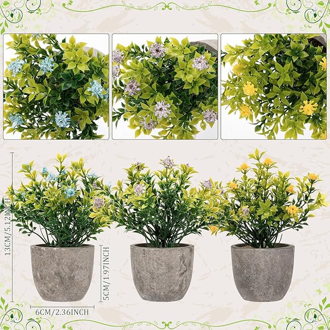 Chunful 6 Pcs Small Fake Plants Potted Faux Mini Artificial Plants Rosemary Babys Breath Artificial Flowers Farmhouse Table Centerpiece Decoration for Living Room Desk Shelves Bathroom Bedroom Office