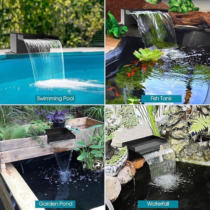 POPOSOAP Pond Waterfall Spillway with Pump Kit, 304 Stainless Steel Pond Waterfall Box, Pond Spillway with 9.8FT Corrugated Tubing for Garden Waterfall Water Features-8Inch-P42