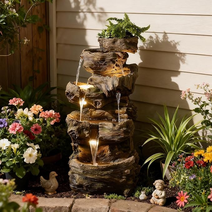 Sunlinua 40H Realistic Tree Cascading Outdoor Water Fountain with 5 Tiers | Resin material,ideal for garden patio backyard porch home decor,6 LED light,easy to install,gifts for women men mom father