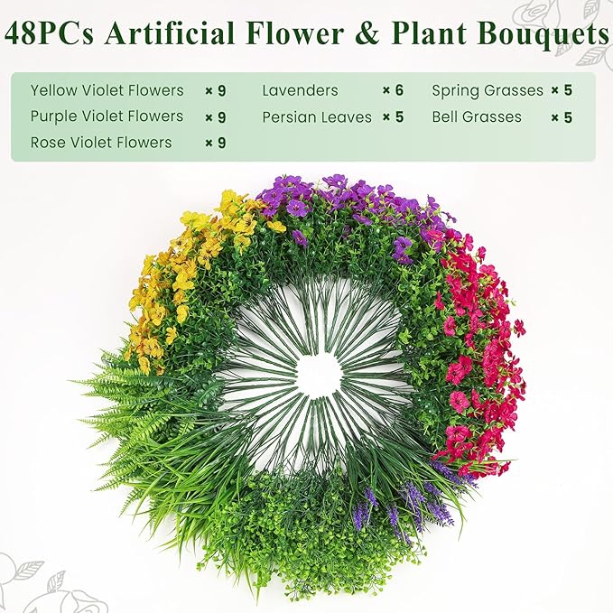 Alupssuc 48 Bundles Artificial Flowers for Outdoors Planters Spring Decoration, UV Resistant Faux Eucalyptus Violet and Lavender Silk Fake Plants for Outside Indoor Yard Home Patio Decor, Mix 3 Colors