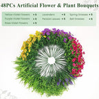Alupssuc 48 Bundles Artificial Flowers for Outdoors Planters Spring Decoration, UV Resistant Faux Eucalyptus Violet and Lavender Silk Fake Plants for Outside Indoor Yard Home Patio Decor, Mix 3 Colors