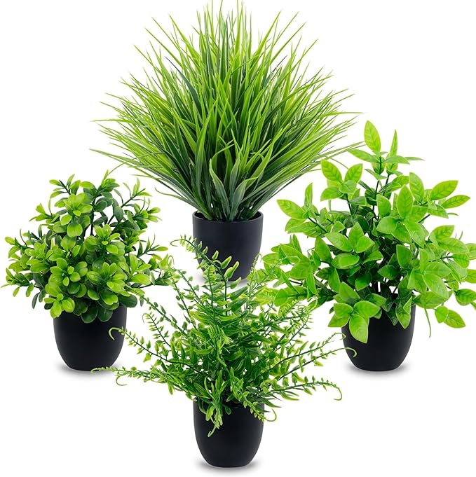 LOYWREE 4 Pack Artificial Plants Mini Fake Potted Plants Small Faux Greenery for Indoor Home Office Desk Table Shelf Farmhouse Bathroom Kitchen Coffee Table Laundry Room Decor