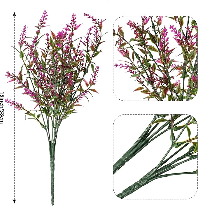 Xinnun 24 Bundles Flowers Outdoor Plants Fake Lavender Plant Artificial Greenery Decoration UV Resistant Plastic Faux Flowers for Home Garden Porch Courtyard Outdoor Indoor