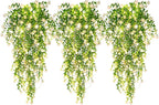 RECUTMS 3 Pcs Hanging Fake Plants Fake Vines Artificial Plants Large Faux Hanging Plant with 30 LED String Light, Artificial Greenery Wall Indoor Outdoor(White)