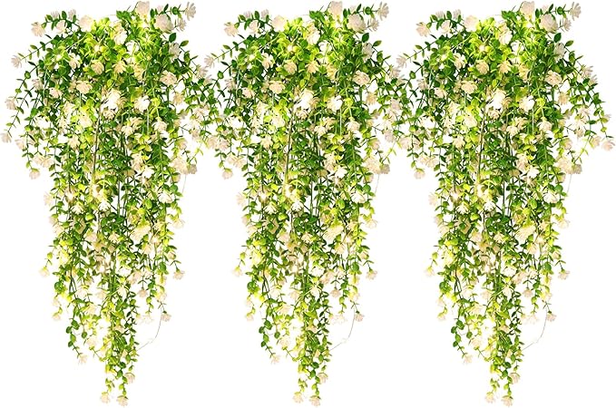 RECUTMS 3 Pcs Hanging Fake Plants Fake Vines Artificial Plants Large Faux Hanging Plant with 30 LED String Light, Artificial Greenery Wall Indoor Outdoor(White)